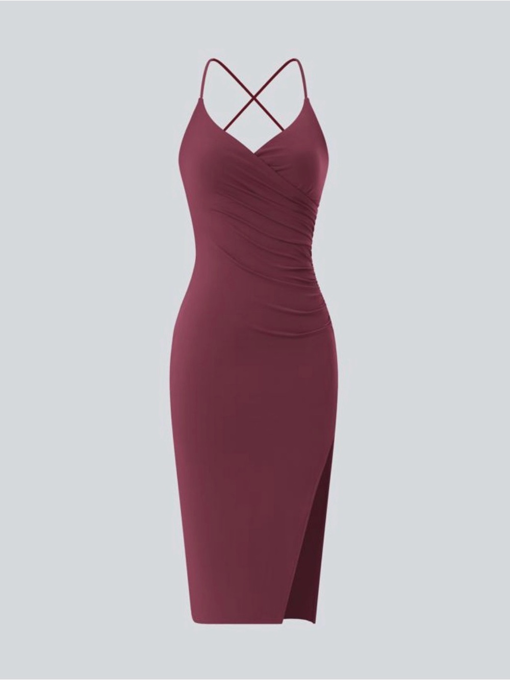 HALARA Burgundy Ruched V-Neck Cross-Back Midi Dress